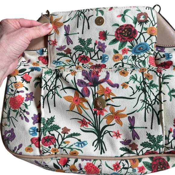 Euro Wellness Bamboo Handle Floral Canvas Shoulder Bag Cream Multicolor Purse - Picture 3 of 8